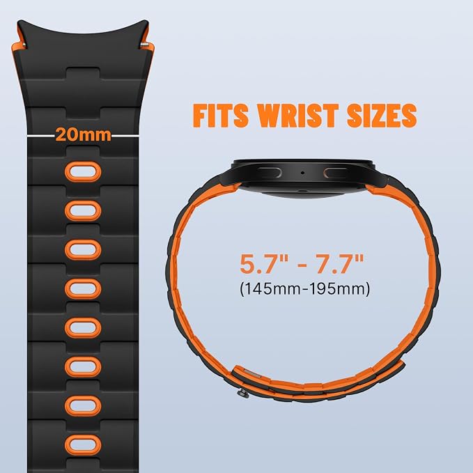 Bandletic Strong Magnetic Bands Compatible with Samsung Galaxy Watch 7/FE/6/5/4 Band 40mm 44mm/Galaxy Watch 5 Pro 45mm/Watch 6 4 Classic 42mm 46mm 43mm 47mm, 20mm Silicone Strap for Women,Black/Orange