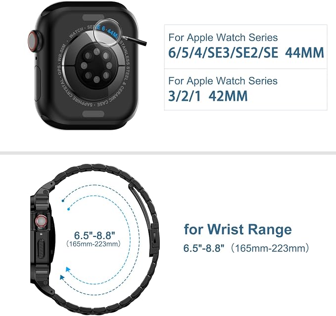 MioHHR Stainless Steel Watch Band with Case Compatible with Apple Watch Series 6 5 4 SE3/2/1(44mm) Series 3/2/1(42mm),Rugged Strap with Metal Protective Bumper Cover for iWatch Band Men(Black)