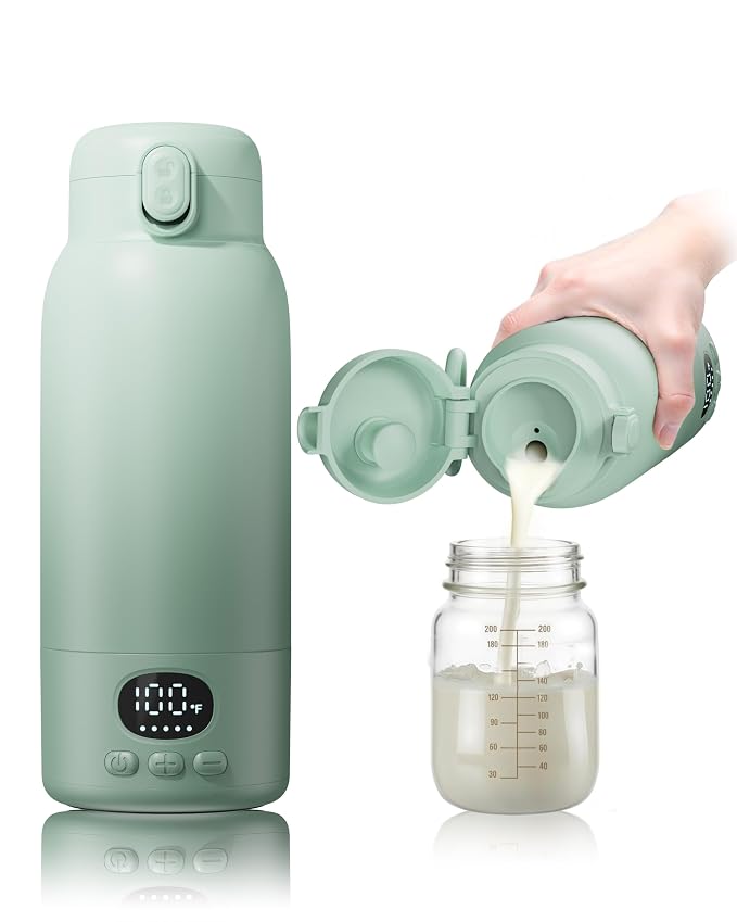 Portable Bottle Warmer - Dual Heating Modes for Breast Milk & Water, 17 Ounces, Fast Heating, Long Lasting Battery, Ideal for Travel, Outdoor, Baby Shower, Light Green