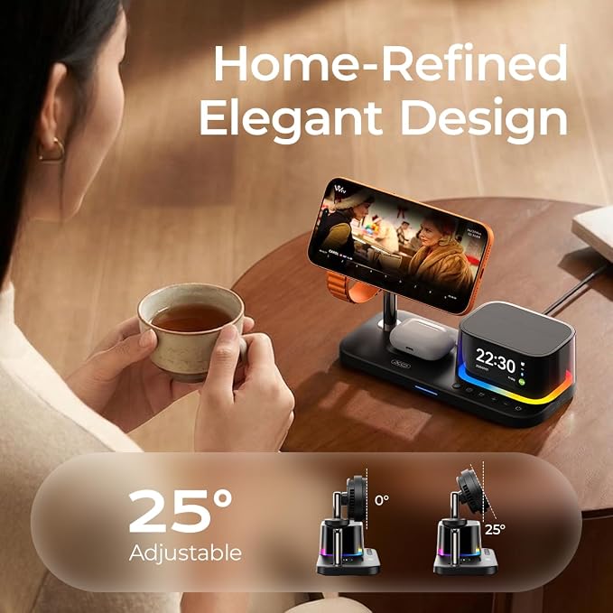 QI2.2 Charging Station for Apple Device【 25W Fast Charging+Cooling Fan】 5in1 Magnetic Wireless Charger with Speaker and Alarm Compatible with iPhone/Watch/AirPod (45W Adapters Included) Black
