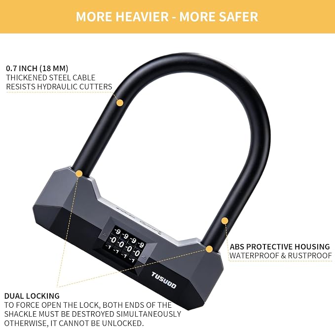 Bike Locks Heavy Duty Anti Theft, 18mm Bicycle Combo U Lock, 4-Digit Resettable Combination Lock with 5FT Steel Cable and Bracket, for Electric Scooter, Ebike, Motorcycle (Gray) (Black)