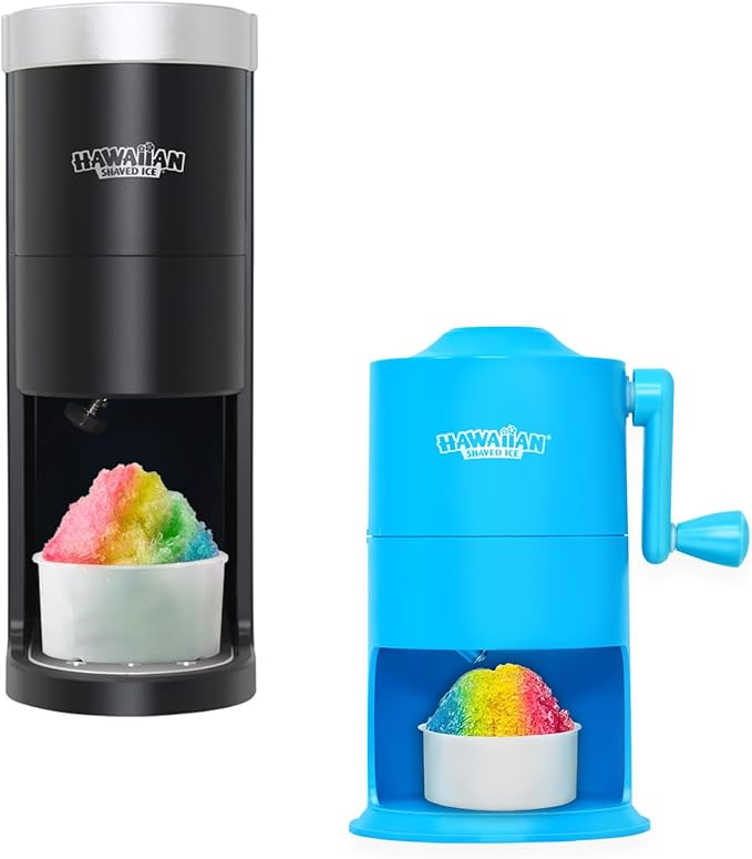Hawaiian Shaved Ice HomePro Snow Cone and Shaved Ice Machine featuring blade adjustment knob bundled with Hawaiian Shaved Ice Mini Snow Cone Machine - Portable Countertop Ice Shaver with No Slip Base
