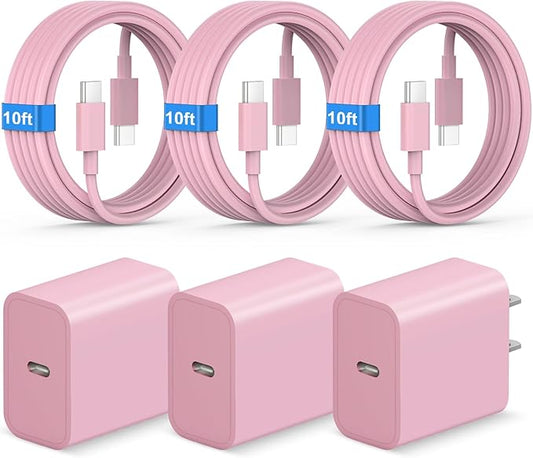 New iPhone 17 16 Charger Fast Charging 10FT Long Type C to C Cable with 3 Pack USB C Wall Charger Block Compatible with iPhone 17/17 Pro/17 Pro max/Air, iPhone 16 15 Pro Max/Plus, iPad Pro,Samsung