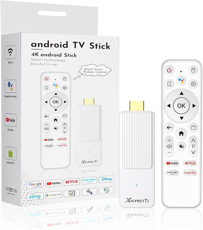 Android TV Stick 14.0, 2025 4K TV Stick 2GB RAM 16GB ROM Ultra HD RK3518 CPU Supports 2.4G/5G Wi-Fi Bluetooth 5.0 USB HDR10 with Bluetooth Voice Remote Control - White