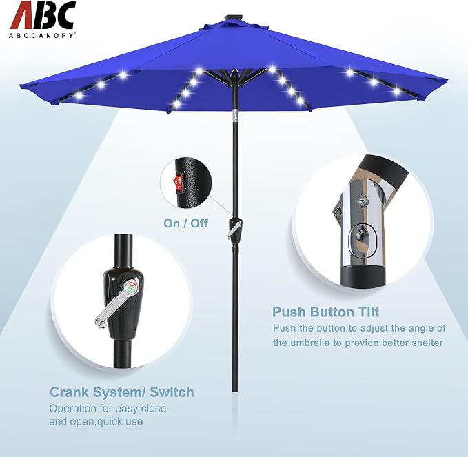 ABCCANOPY Durable Solar Led Patio Umbrellas with 32LED Lights 9FT (Blue)