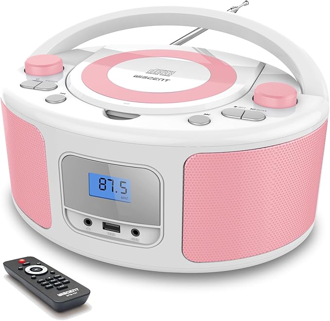 Portable CD Player Boombox with Bluetooth, FM Radio Stereo, Remote Control, USB Input and 3.5mm AUX Headphone Jack, Programmable CD Player, 4 watts of Audio, AC/Battery Powered