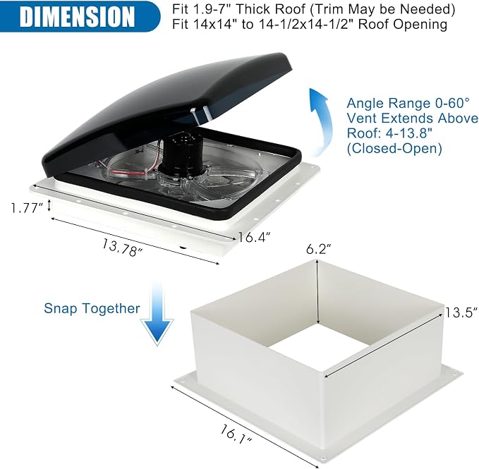 RV Roof Vent Fan, 12V DC 14" Super Quiet Reliable Manual RV Roof Fan, 3-Speed, Reversible