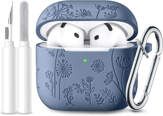 Lerobo for Airpods 4th Generation Case Cover with Cleaner Kit, Cute Flower Engraved Silicone Protective Case Cover with Keychain Compatible with Apple Airpods 4 Case 2024, Blue Gray