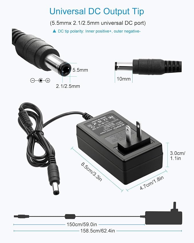 ALITOVE DC 12V Power Supply 2.5A 30W Universal AC Adapter 12 Volt 2500mA 2A Transformer 12V Power Adapter Cord 5.5 x 2.5mm DC Plug for LED Strip Lights CCTV Camera Routers Sceptre Monitor Power Cord
