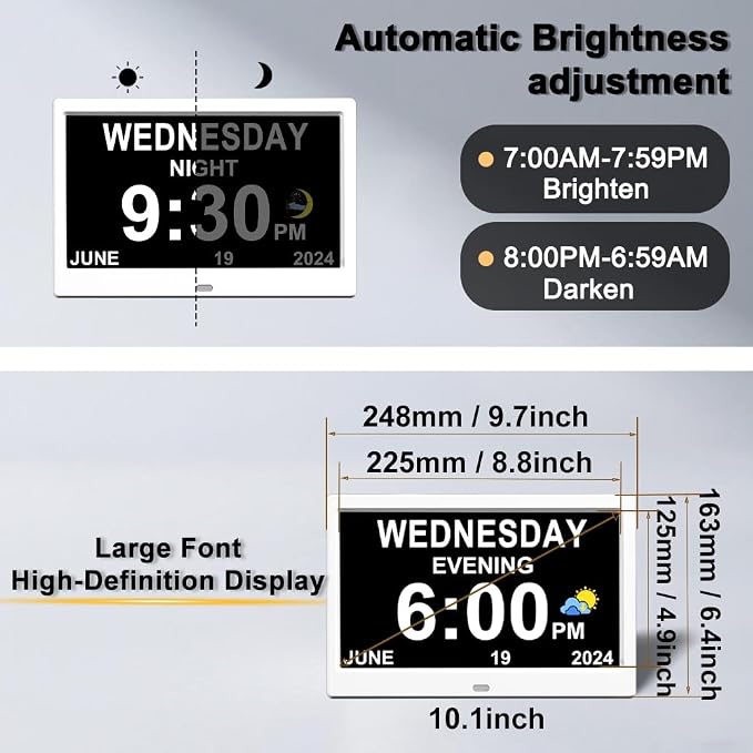 AINFTIME DST Clock with Day and Date for Elderly-3 Display Digital Calendar Alarm Day Dementia Alzheimers Clock with Extra Large Display (10.1 Inch White)