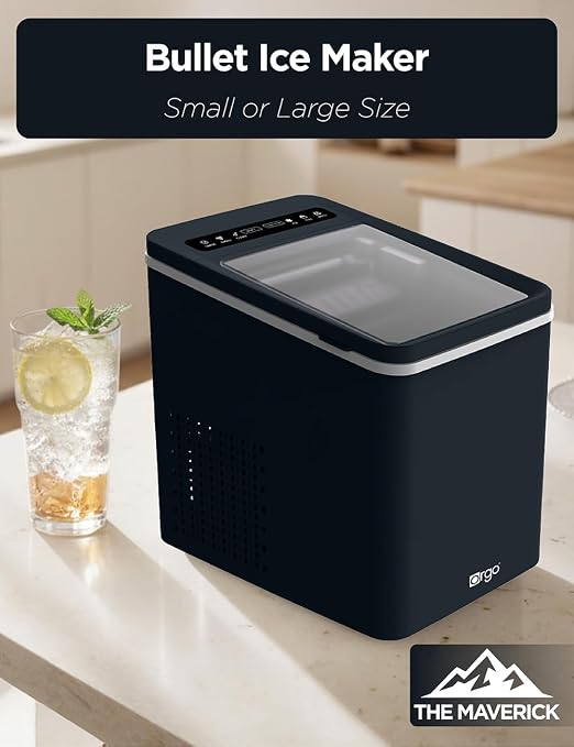 Orgo The Maverick Countertop Ice Maker, Makes 23 lbs. in 24 Hours, Bullet Shaped in 2 Sizes, Ice Maker Ready in 6-8 Minutes, LED Control Panel, Self-Cleaning, Includes Scoop, TMT4653, Black