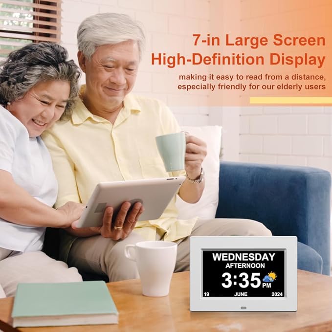 AINFTIME DST Digital Clock with Date and Day of Week for Elderly-12 Alarms Medication Reminder Dementia Alzheimers Clock Calendar with Extra Large Display No Power Adapter (7 inch White)