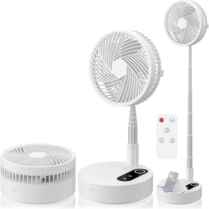 9.5" Portable Standing Oscillating Fan with Remote - 10000mAh Rechargeable Battery Tall Floor Foldable Travel Fan for Sleeping - Pedestal Stand up Folding Fan for Home Bedroom (White)
