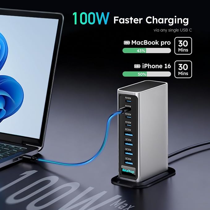 520W USB C Charging Station, 8-Port GaN Fast Type C Charger Block, Wall Charger, Multiport Desktop Power Hub for MacBook Pro, MacBook Air, iPhone 16/15, iPad, Samsung