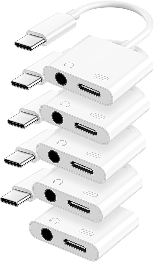 USB C to 3.5mm Headphone and Charger Adapter, Type C to Aux Jack Dongle Cable Cord with PD Fast Charging for iPhone 15/16/17 Pro/Max/Plus, iPad, Samsung Galaxy S22/S23/S24 Ultra, Note 20(5-Pack)