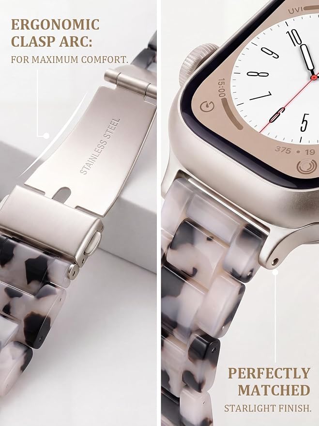 V-MORO Resin Bands Compatible with Apple Watch Series 8/9/10/11 44/45/46/42mm Lightweight Fashion Strap with Starlight Stainless Steel Buckle for iwatch Ultra 49mm Series 7/SE/6/5/4/3/2/1(Tortoise Stone)