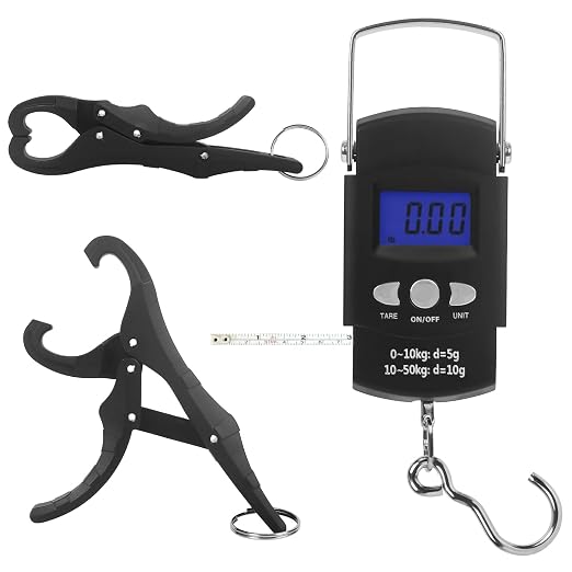 Digital Scale with Lip Gripper：110 Lbs/50 Kg Backlight LCD Display Fishing Scale with Build in Ruler and 2pcs Fish Lip Gripper