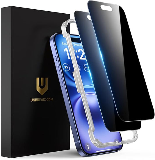UNBREAKcable Privacy Screen Protector for iPhone 16, Anti-Spy Shatterproof Tempered Glass [True 28°Anti Spy] [9H Hardness] [Easy Installation Frame] Black Protector for iPhone 6.1" - 2 Pack