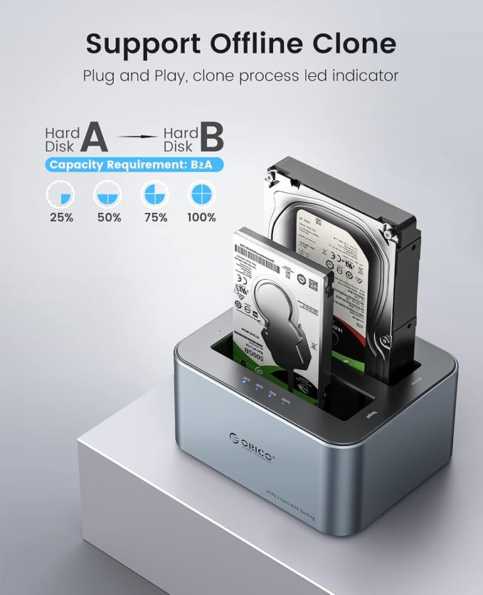 ORICO Hard Drive Docking Station with Offline Clone, Aluminum Alloy Dual Bay USB C to SATA Hard Drive Dock Holder for 2.5 or 3.5 Inch HDD 36TB UASP Support,Gray (6626C3-C)
