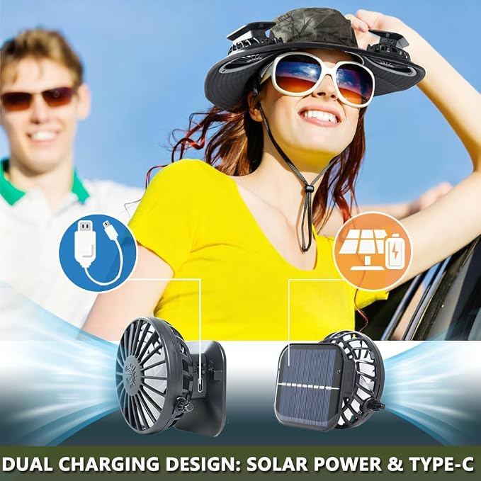 Solar Fan Hat Rechargeable 2Detachable Solar Fans,Water-Repellent Wide Brim Bucket Hat, Outdoor Camping Hiking Golf Sun Hat