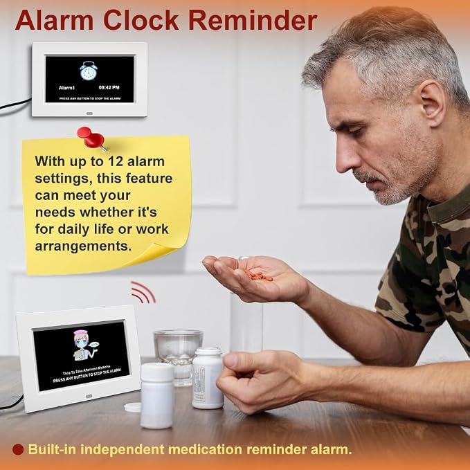 AINFTIME DST Digital Clock with Date and Day of Week for Elderly-12 Alarms Medication Reminder Dementia Alzheimers Clock Calendar with Extra Large Display No Power Adapter (7 inch White)