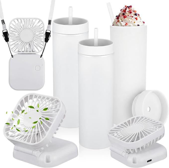 Reallnaive 6 Pcs Skinny Tumbler Bulk and Mini Portable Fans Set for Summer, 16 oz Plastic Cups with Lids Straws and Small USB Rechargeable Handheld Fan for Cooling Gift (White)