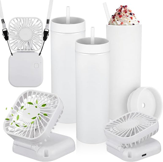 Reallnaive 6 Pcs Skinny Tumbler Bulk and Mini Portable Fans Set for Summer, 16 oz Plastic Cups with Lids Straws and Small USB Rechargeable Handheld Fan for Cooling Gift (White)