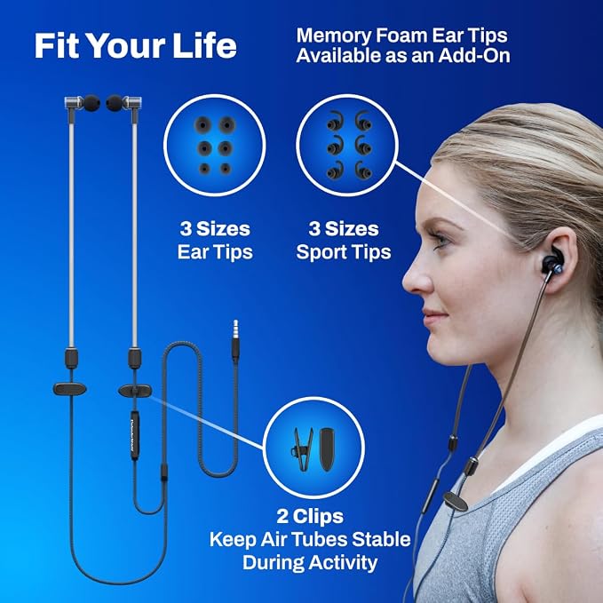 DefenderShield EMF Radiation-Free Earbuds Air Tube Stereo Headphones – Universal Acoustic Headphones Wired Mic & Audio Controls – Secure Fit Wired Earbuds, 3.5mm Jack, Sports Tips & 3 Ear Tip Sizes
