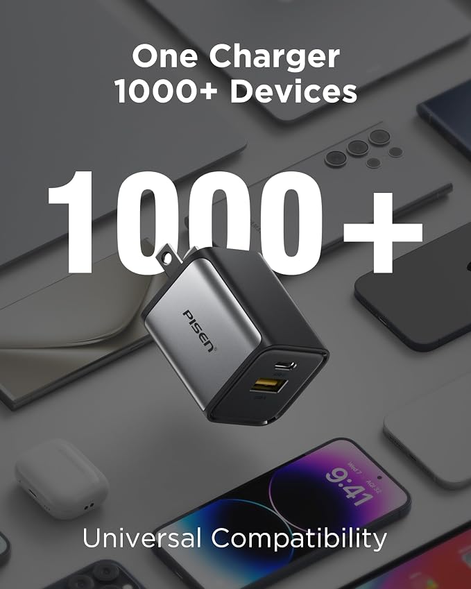 PISEN 2-in-1 Mag-Safe Charger Stand - Wireless Charger Charging Station for Multiple Devices & 30W USB C Charger - 30 Watt Dual Port PD QC 3.0 GaN Charging Block, 30W USB C Wall Charger, 2-Port 30 Wat