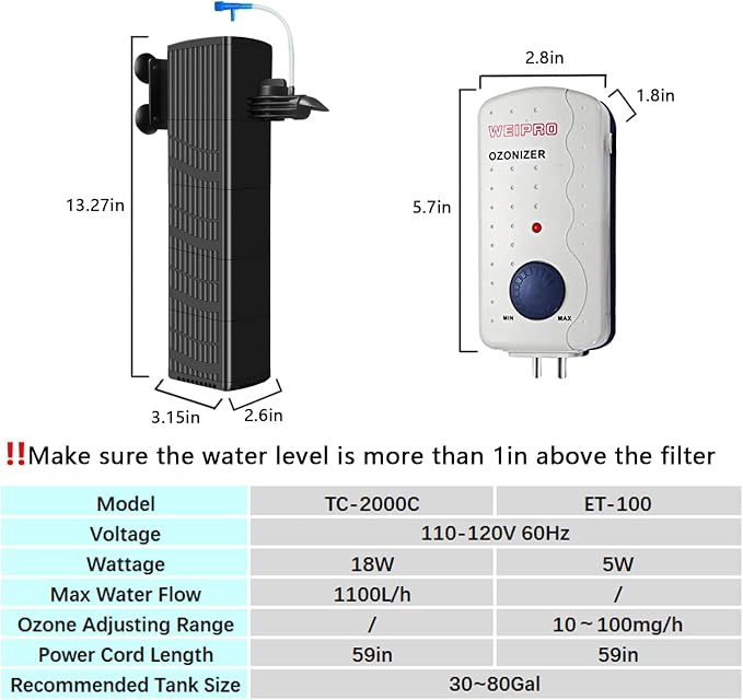 Fish Tank Filter and Aquarium Ozone Generator Set TCE2000,Suitable for 40-70 Gallon Fish Tank.