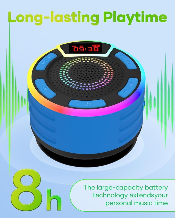 ssuowao Bluetooth Shower Speaker, IPX7 Waterproof Portable Speakers with LED Display, FM Radio, Suction Cup, Built-in Mic, Mini Speaker for Bathroom Travel Pool Beach