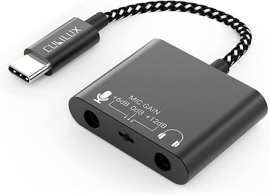 Cubilux USB C Mic Splitter for Lav Microphone,TRS Headphone Mic with Mic Gain(Up to +12dB),Type C to 3.5mm Microphone Adapter Suitable for Recording-USB C Support Android,Ipad OS,Mac OS,Window etc
