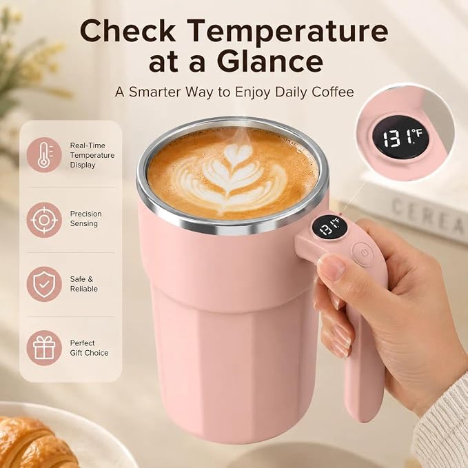 Self Stirring Coffee Mug, 12oz Rechargeable Magnetic Mixing Cup with Temperature Display, 316 Stainless Steel Electric Stirring Cup with Lid & Handle for Coffee, Cocoa, Matcha, Creamer, Mushroom Coffe