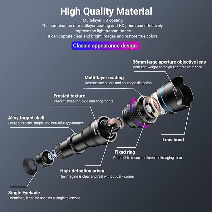 APEXEL 36x Telephoto Lens for iPhone | Kit with Sturdy Metal Tripod for Smartphones, Compatible with iPhone 16 15 14 13 12 Pro Max, Samsung Galaxy, Google Pixel