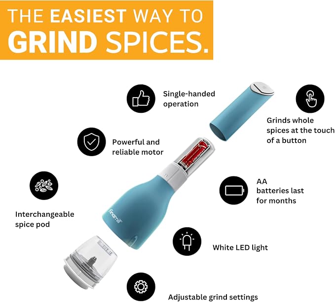 FinaMill Classic Battery Spice Mill – Battery Operated Salt and Pepper Grinder Set, Includes 2 Interchangeable Spice Pods, Adjustable Coarseness, LED Light, Home and Kitchen Gift Set for Father's Day