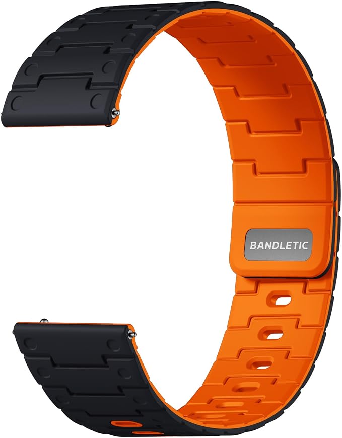 Bandletic Sport Strong Magnets Strap - 22mm Quick Release Watch Band, Breathable Soft Outdoor Rugged Strong Magnet Straps Replacement Compatible with Samsung Galaxy Watch Band, Black/Orange