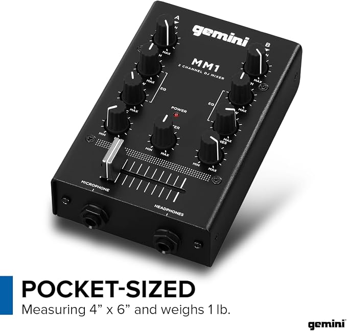 Gemini Portable 2-Channel DJ Mixer with Crossfader & EQ (MM1) | Portable 2-channel DJ mixer - full-size crossfader, 2-band EQ, gain - all-metal body - RCA & mic in