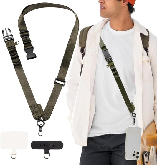 25mm Crossbody Phone Lanyard, Anti-Theft Crossbody Phone Strap for iPhone 16 Pro Max and Most Smartphones, Cell Phone Neck Lanyard w/ 2 Non-Adhesive Tether Tabs for Men and Women, Army Green