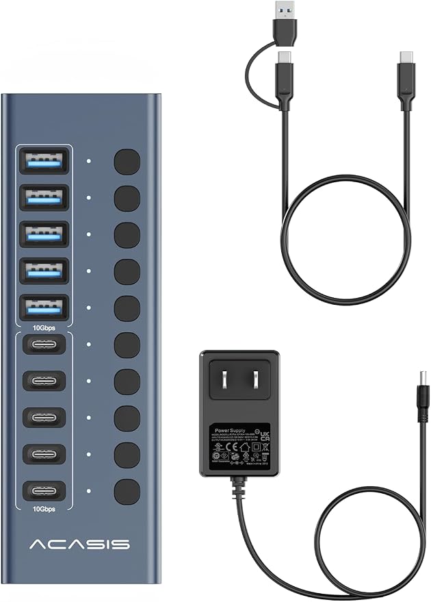 Powered USB 3.2 Hub, ACASIS 10 Ports USB 3.2 Hub(5 USB-A 3.2 Ports+5 USB-C 3.2 Ports), Aluminum USB Hub Powered with 48W Power Adapter, USB Hub for PC/Laptop, Computer, Flash Drive, Printer, Camera