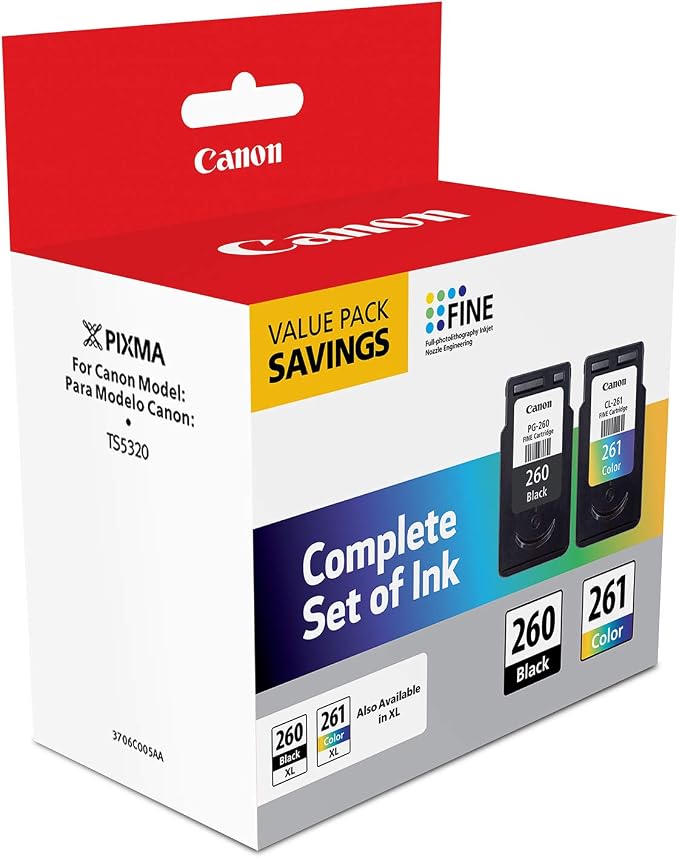 Canon PG-260 / CLI-261 Genuine Ink Value Pack (2 Cartridges),Compatible with TS5320,TR7020,(Pack of 2)