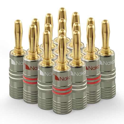Nakamichi Ultimate Series 24K Gold Plated Beryllium Red Copper Banana Plug 12-18 AWG Gauge Size 4mm Connector for Speakers Wire Amplifiers Hi-Fi Sound Systems (16 Pcs (8-Pairs), Banana Plugs)
