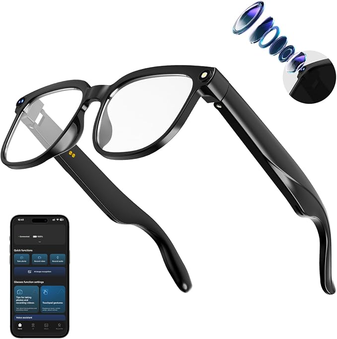 AI Smart Glasses with Camera,8MP Camera Glasses,1080P Anti-Shake Video Recording, Real Time Translation,AI Voice Assistant,Object Recognition,Bluetooth Sunglasses for Men Women(Transparent Lenses)