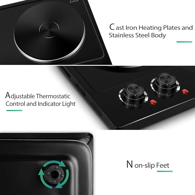 CUSIMAX Hot Plate, 1800W Electric Burner Double Hot Plate for Cooking Countertop Burner with Adjustable Temperature Control, Portable Electric Cast Iron Hot Plates Cooktop, Easy to Clean, Black