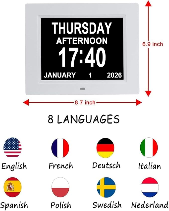 Aowasi 8 Alarms Digital Clock, Extra Large Display Wall Digital Day Calendar Clock with Non-Abbreviated Day & Month Alarm Clocks for Seniors Impaired Vision Dementia Elderly Alzheimer