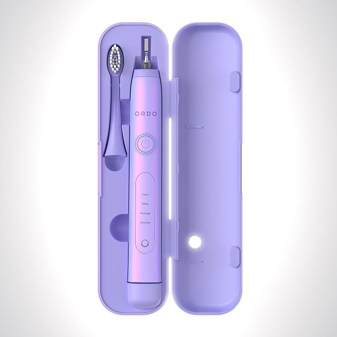 ORDO Sonic+ Electric Toothbrush with Case, Sonic Toothbrushes for Adults, Charging Travel Case, 4 Brushing Modes, Fast Rechargeable Battery, Silicone Polishing, USB Charger, Pearl Violet