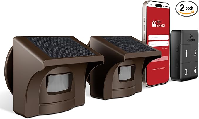 eMACROS Pro 4 Smart Solar Driveway Alarm (2.4G Wi-Fi Only) - App Push Notifications, 1/2 Mile Wireless Range Motion Sensor & Rechargeable Base Station with 3-Day Backup (1 Base & 2 Sensors)