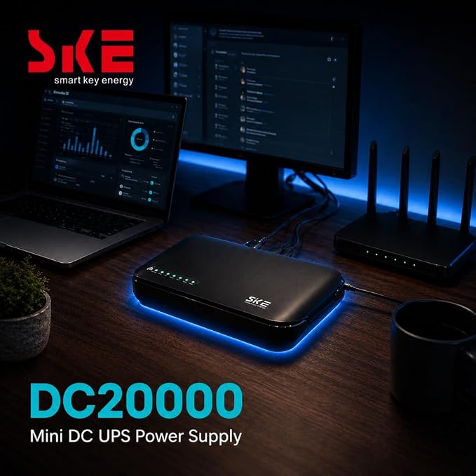 SKE DC20000 Plus Altair - Mini DC UPS 20000mAh Battery Backup & Surge Protector for Router & Modem - Compact, Portable Uninterruptible Power Supply with 5V/9V/12V Outputs, USB & Type-C Charging, WiFi