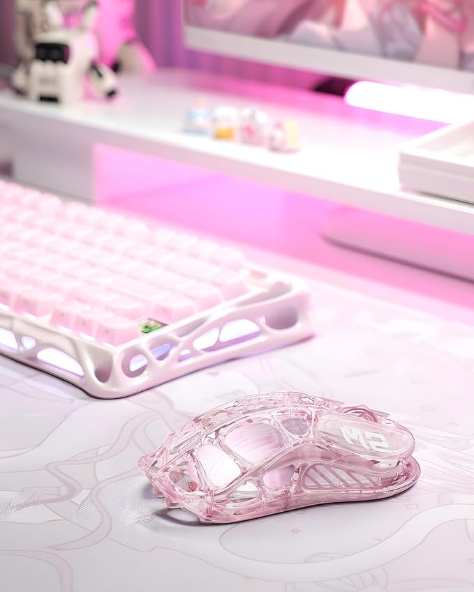 GravaStar Mercury M2 Wireless Gaming Mouse with 26,000 DPI, PAW3395DM Sensor -79g Lightweight Hollowed-Out Design -5 Programmable Buttons -5 Dynamic Lightsync RGB (Crystal Rose)