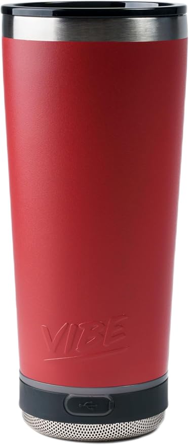 Vibe 18 oz Tumbler with Bluetooth Speaker, Insulated Stainless Steel Travel Cup with Lid, Hot & Cold Drink Beverage Container, Removable Speaker with Microphone, Rubber Base, Red