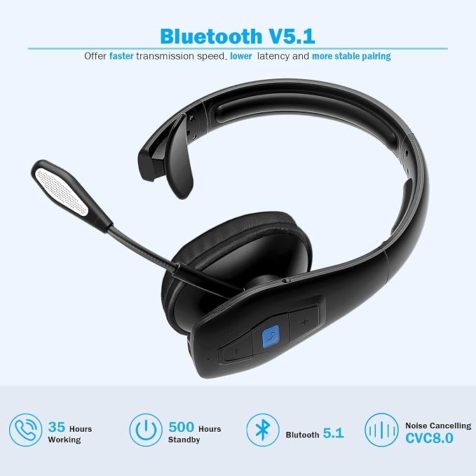 Conambo Bluetooth Headset V5.1, Trucker Bluetooth Headset with CVC8.0 Dual Mic Noise Canceling & Mute Button & 60 Hrs Workingtime Wireless On-Ear Headphones for Trucker Home Office Work Cell Phones